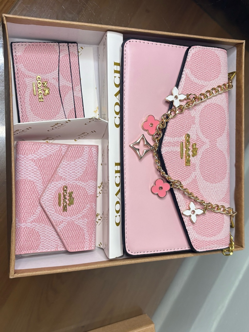 Coach Pink Signature Leather & Canvas Wallet Set with Gold Chain Accents - Picture 4 of 4